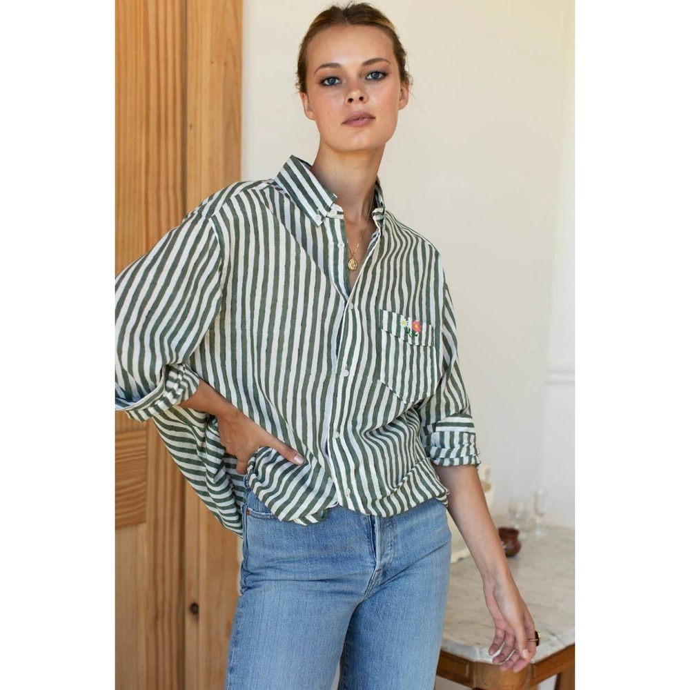 Emerson Fry loose fit sm green white embroidered floral stripe EUC artisan top